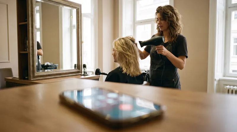 A stylist at work while the salon phone receives a call