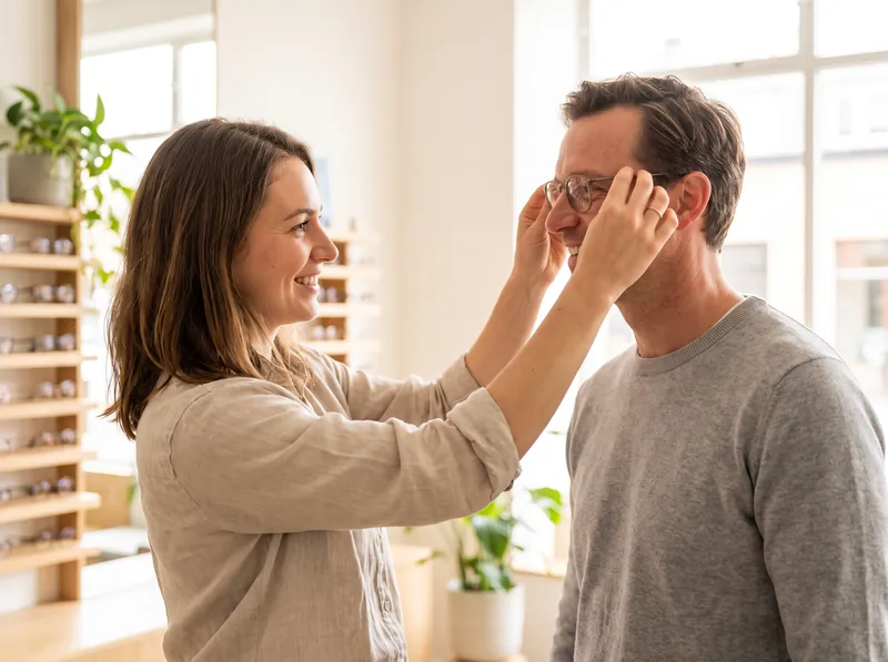 Optometrista ajustando nuevas gafas en la cara de un cliente sonriente en una tienda de óptica luminosa con exhibidores de monturas