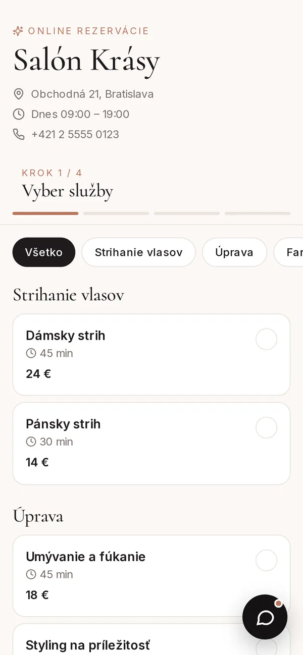 Online rezervačná stránka podniku na telefóne