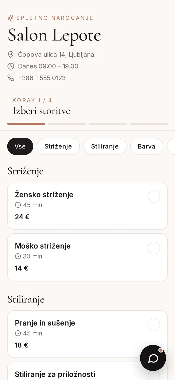 Spletna stran za spletne rezervacije podjetja na telefonu