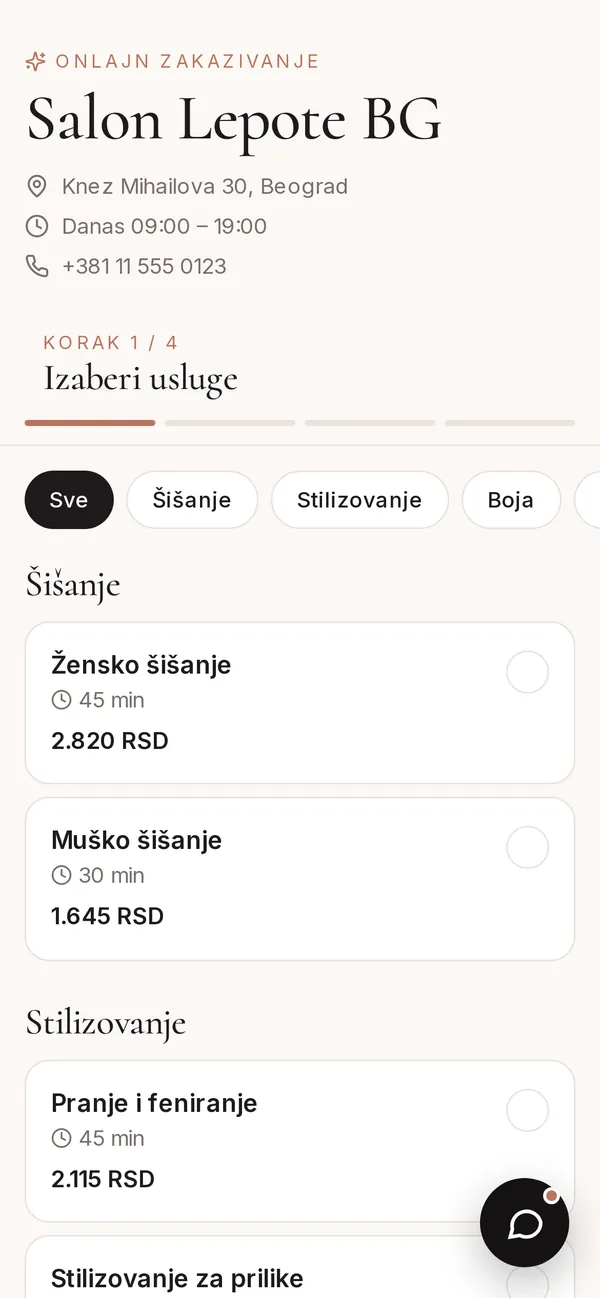 Stranica za online zakazivanje poslovanja na telefonu