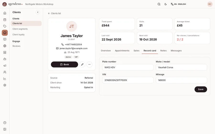 Kundjournal: registreringsnummer, märke, VIN och körsträcka