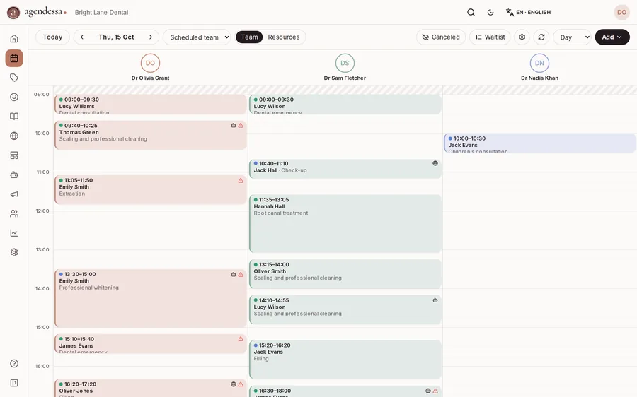 Each dentist's day, with patient alerts in the calendar