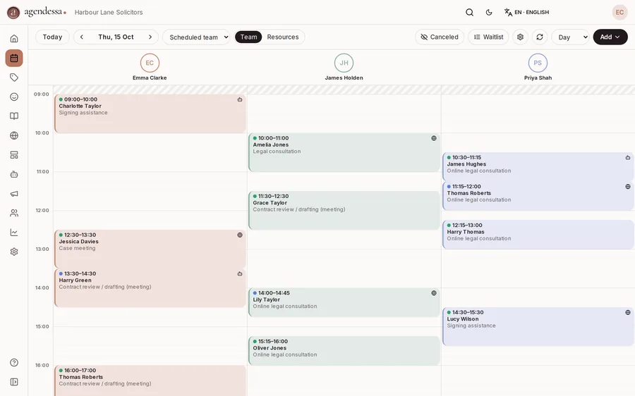 Each lawyer's day, with office meetings and online consultations