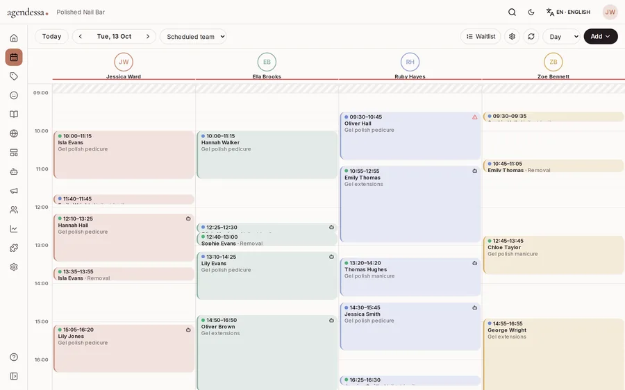 El calendario del día, por técnico de uñas