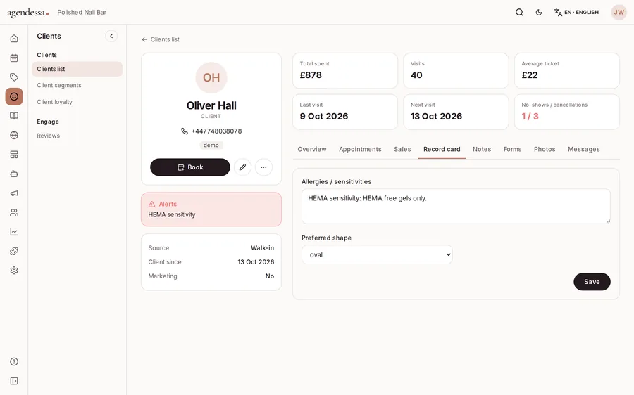 Ficha del cliente: forma preferida y alergias