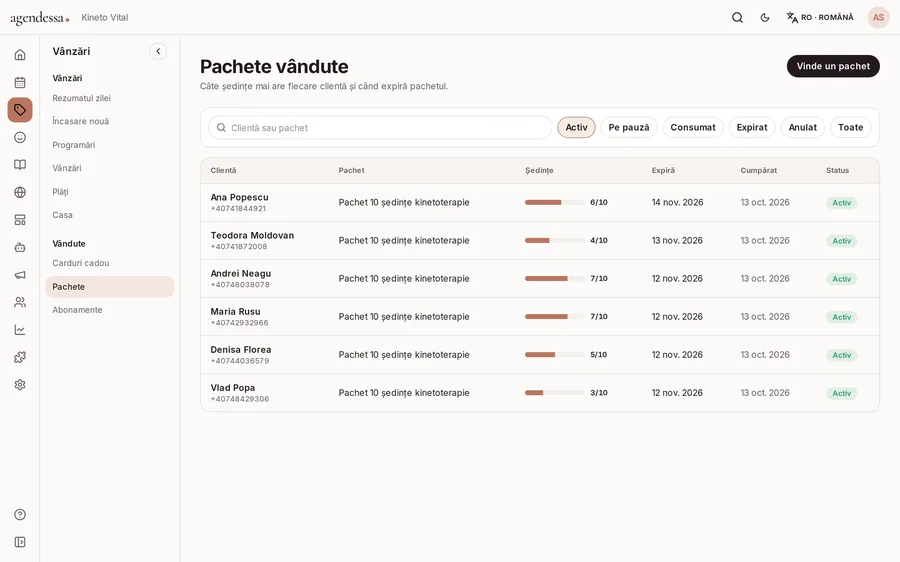 Pachetele vândute: câte ședințe mai are fiecare pacient