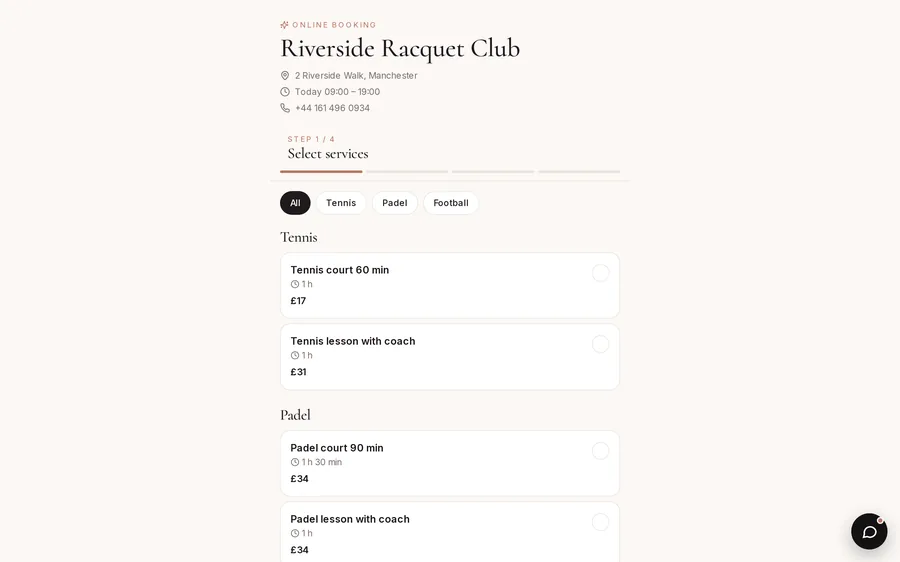 Bookingsiden: spillere velger sporten, lengden og tiden